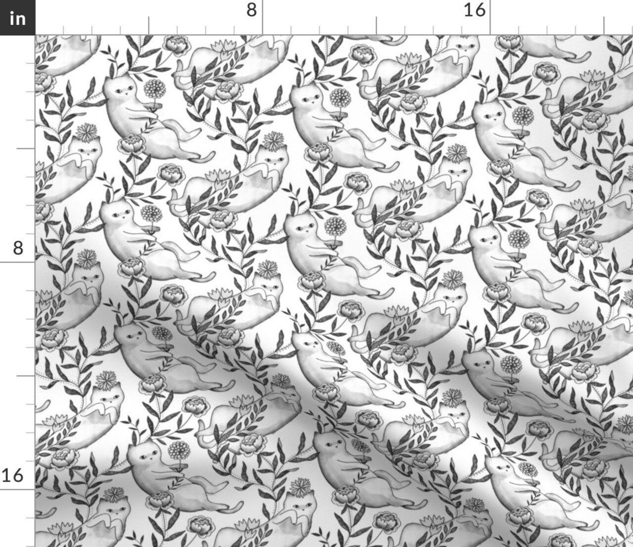 Chinoiserie Toile Black Cat Feline Kitty Floral Botanical Custom Printed Fabric by Spoonflower Various Fabrics by the Yard or Fat Quarter